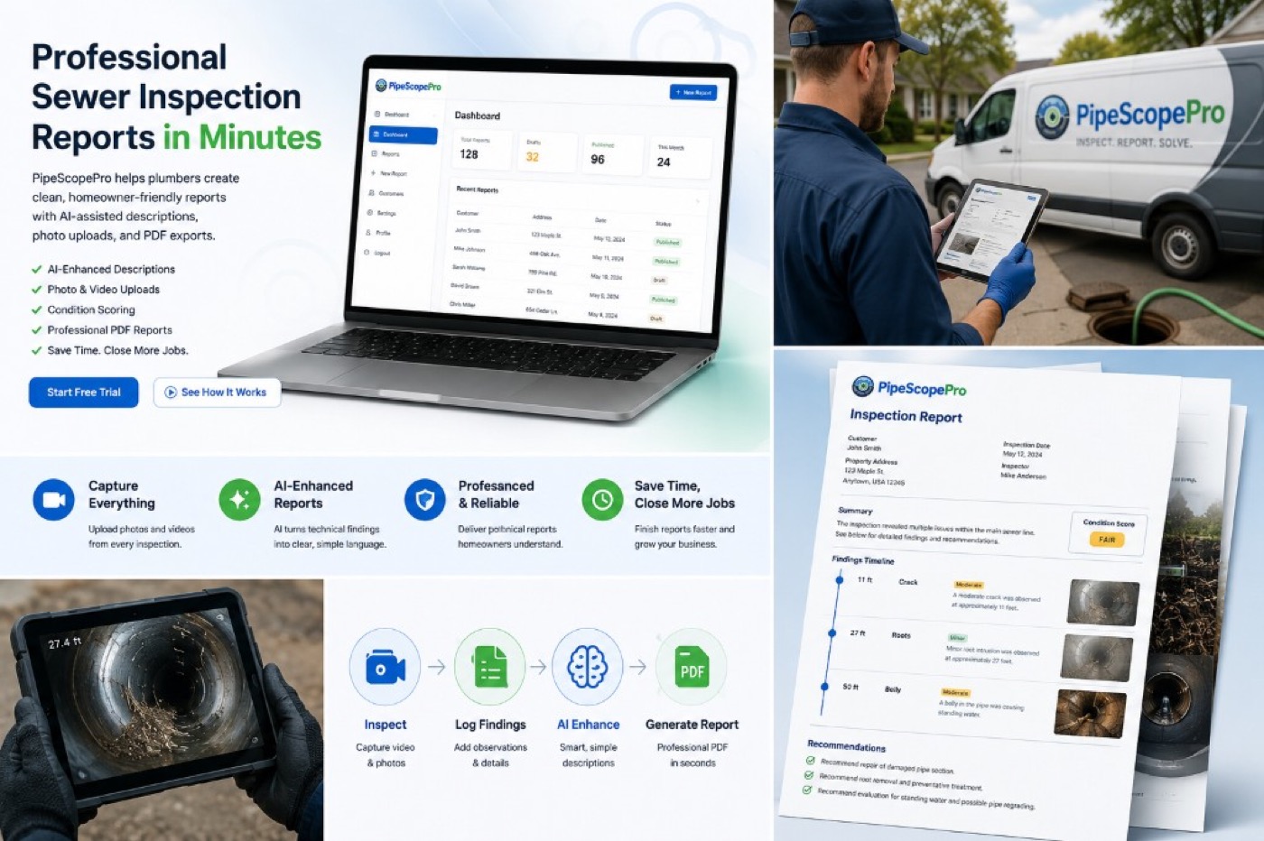 PipeScopePro dashboard and inspection workflow
