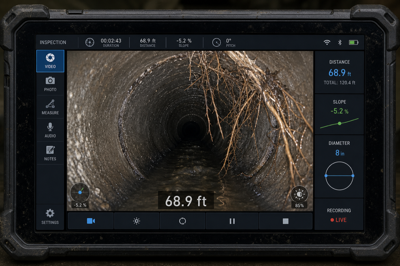 Sewer camera scope feed with distance markers